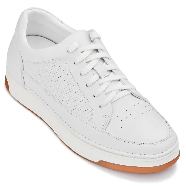 CALTO - Y7932 - 2.6 Inches Taller (White/Off-White & Gum Sole) - Elevated Micro-Perforated Leather Sneakers