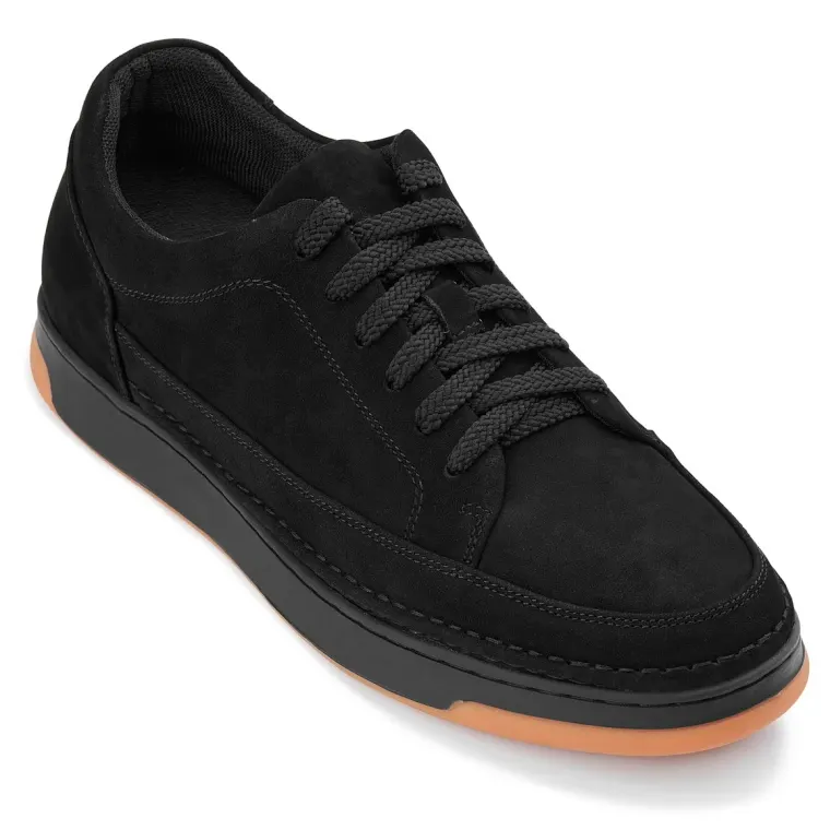 CALTO - Y7933 - 2.6 Inches Taller (Noir Suede/Black & Gum Sole) - Elevated Suede Sneakers