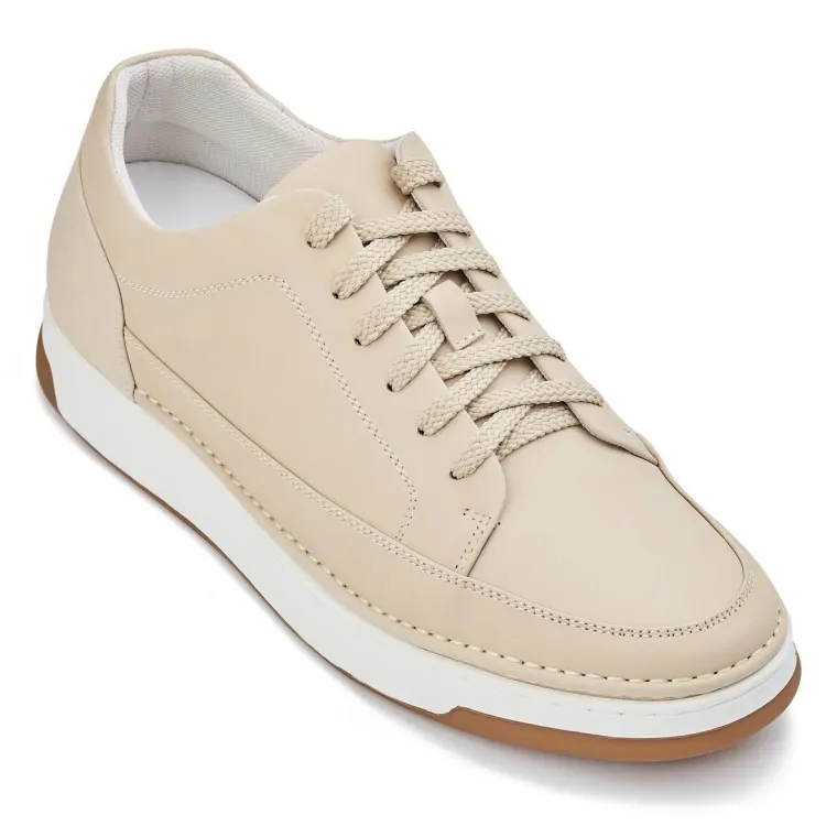 CALTO - Y7934 - 2.6 Inches Taller (Ivory White Suede/White & Gum Sole) - Elevated Leather Sneakers