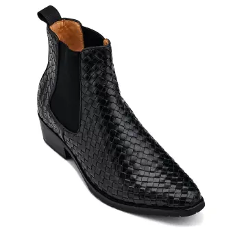 CALTO - K30521 - 3.3 Inches Taller (Black) - Woven Slip-On High-Top Chelsea Ankle Boots