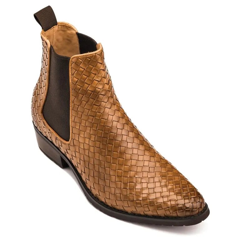 CALTO - K30522 - 3.3 Inches Taller (Brown) - Woven Chelsea High-Top Slip-On Ankle Boots