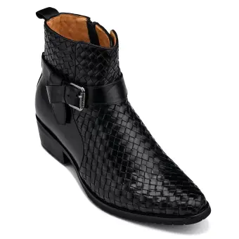 CALTO - K30523 - 3.3 Inches Taller (Black) - Woven High-Top Ankle Buckle Zipper Boots
