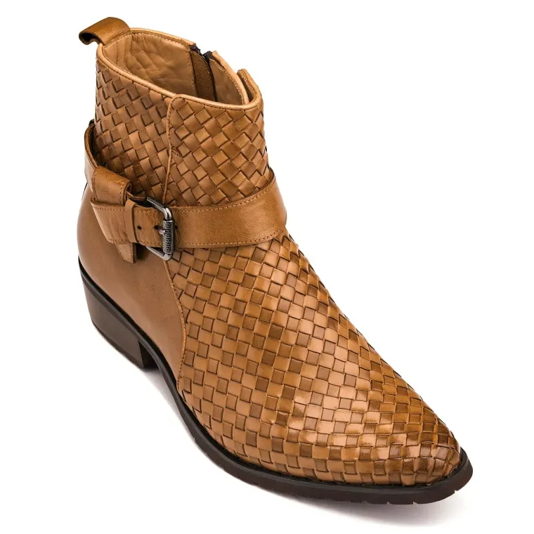CALTO - K30524 - 3.3 Inches Taller (Light Brown) - Woven Buckle High-Top Ankle Zip-Up Boots