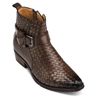 CALTO - K30525 - 3.3 Inches Taller (Coffee Brown) - Woven High-Top Buckle Zipper Ankle Boots
