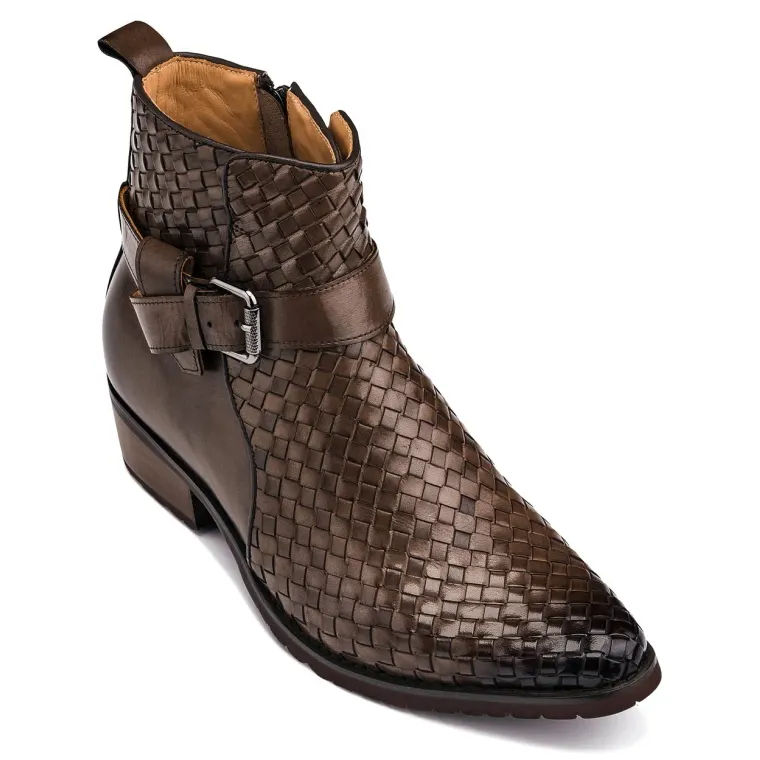 CALTO - K30525 - 3.3 Inches Taller (Coffee Brown) - Woven High-Top Buckle Zipper Ankle Boots