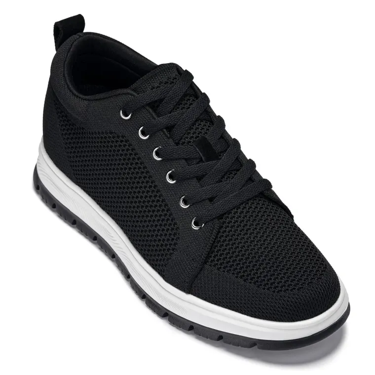 CALTO - X2322 - 2.4 Inches Taller (Black/White & Black Sole) - Lace Up Casual Sneaker - Lightweight