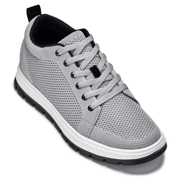 CALTO - X2324 - 2.4 Inches Taller (Pewter Grey/White & Black Sole) - Lace Up Casual Sneaker - Lightweight