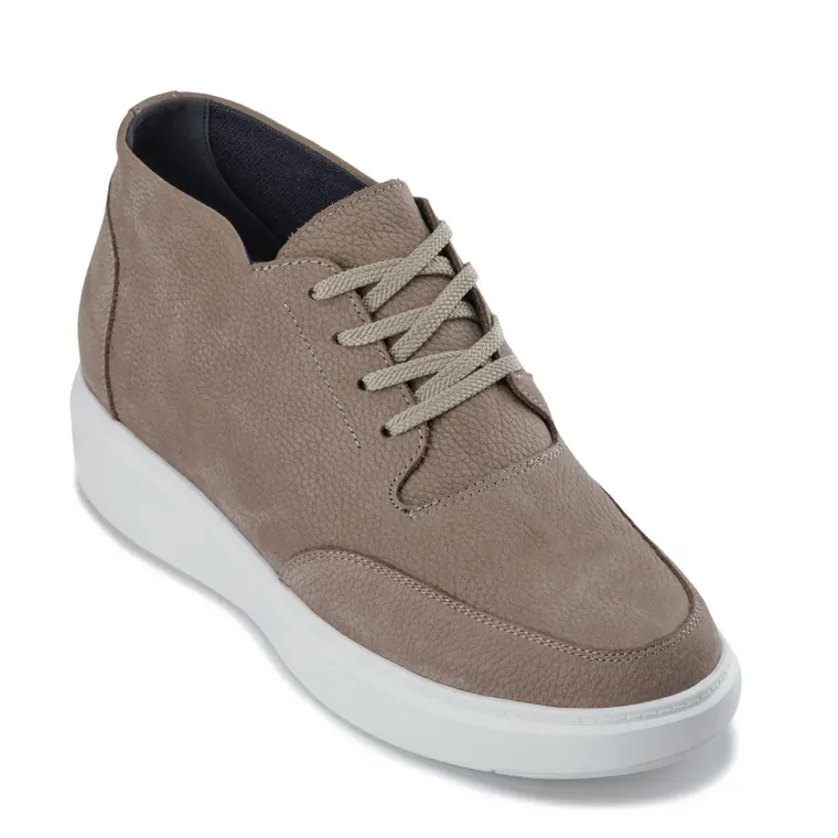 CALTO - J1770 - 3.2 Inches Taller (Khaki) - Casual Chunky Sole Boots – Soft Pebble Grain Nubuck Leather