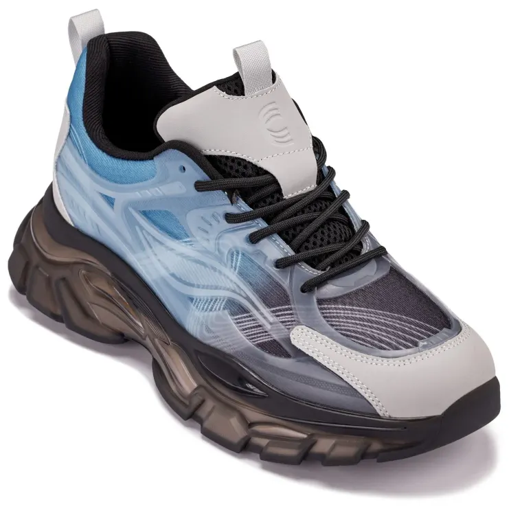 CALTO - S3862 - 2.6 Inches Taller (Grey/Blue) - Chunky Sole Sporty Sneakers