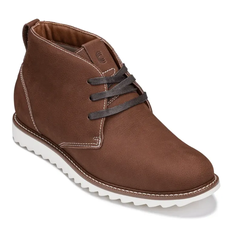 CALTO - J2193 - 2.6 Inches Taller (Brown/White Sole) - Nubuck Chukka Boots