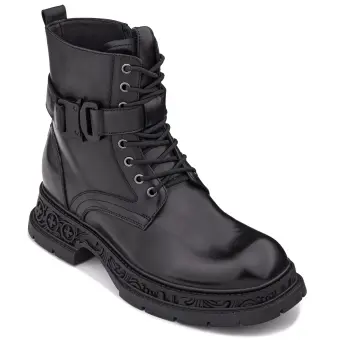 TOTO - W0661 - 3.2 Inches Taller (Black) - Chunky Sole Biker Style High Top Zipper Boot
