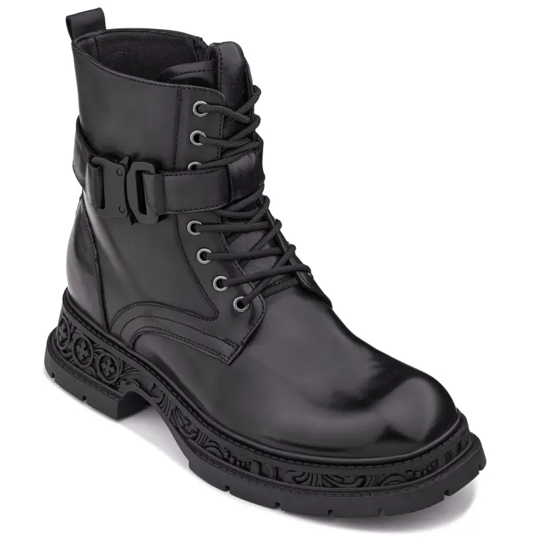 TOTO - W0661 - 3.2 Inches Taller (Black) - Chunky Sole Biker Style High Top Zipper Boot
