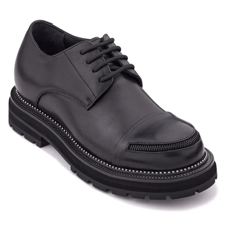 TOTO - W0982 - 3.3 Inches Taller (Black) - Low Top Chunky Sole Cap-Toe Casual Derbies
