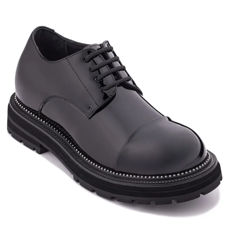 TOTO - W0983 - 3.3 Inches Taller (Black Patent Leather) - Low Top Chunky Sole Cap-Toe Casual Derbies