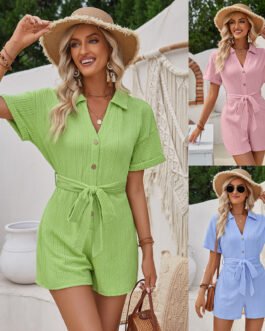 Women’s Short-sleeved Shorts Jumpsuit Lace-up Turn-down Collar Solid Color Clothing Summer