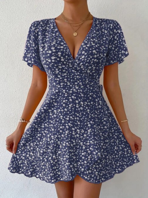 Floral Tie-neck Waist Trimming Short-sleeved V-neck Women's Clothing Dress - Image 3