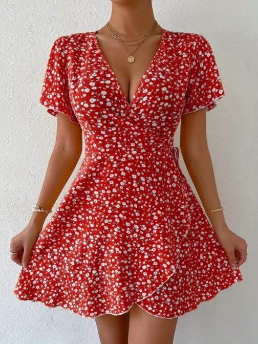 Floral Tie-neck Waist Trimming Short-sleeved V-neck Women's Clothing Dress - Image 10