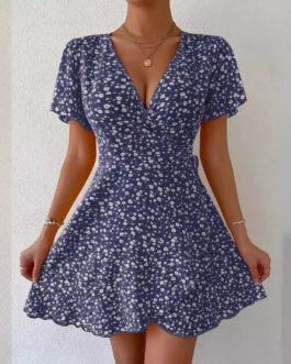 Floral Tie-neck Waist Trimming Short-sleeved V-neck Women’s Clothing Dress