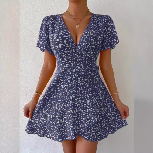 Floral Tie-neck Waist Trimming Short-sleeved V-neck Women's Clothing Dress