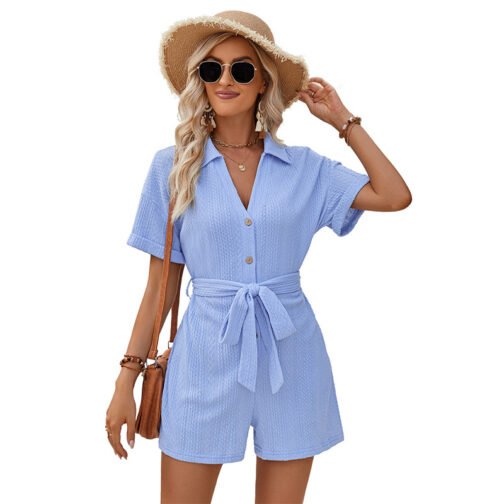 Women's Short-sleeved Shorts Jumpsuit Lace-up Turn-down Collar Solid Color Clothing Summer - Image 5