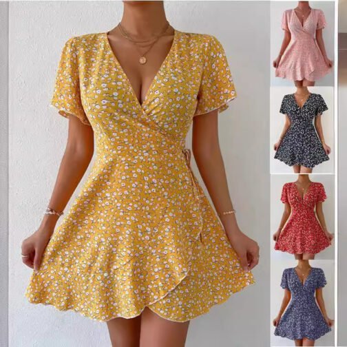 Floral Tie-neck Waist Trimming Short-sleeved V-neck Women's Clothing Dress - Image 4