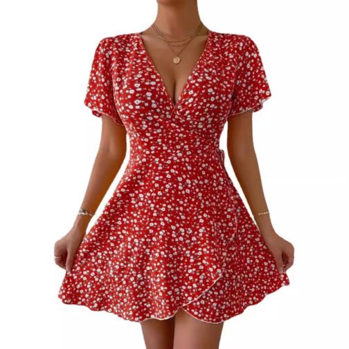 Floral Tie-neck Waist Trimming Short-sleeved V-neck Women's Clothing Dress - Image 9