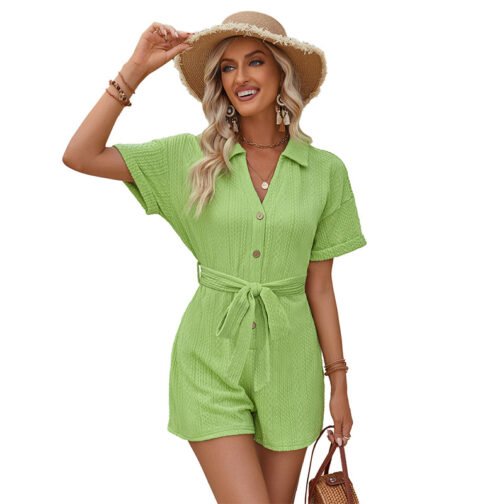 Women's Short-sleeved Shorts Jumpsuit Lace-up Turn-down Collar Solid Color Clothing Summer - Image 3