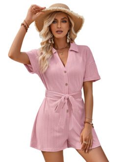 Women’s Short-sleeved Shorts Jumpsuit Lace-up Turn-down Collar Solid Color Clothing Summer